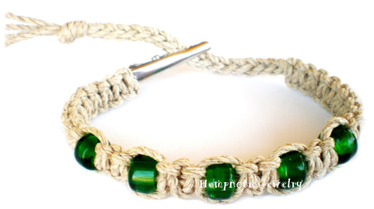 Green Glass Beaded Adjustable Hemp Bracelet