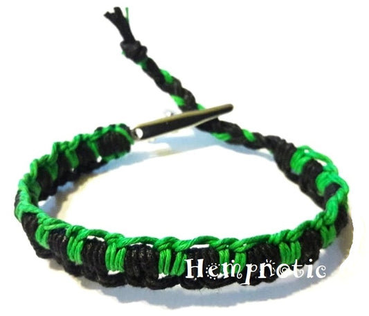 Green and Black Woven Interlocked Adjustable Alligator Clip Hemp Bracelet or Hemp Anklet