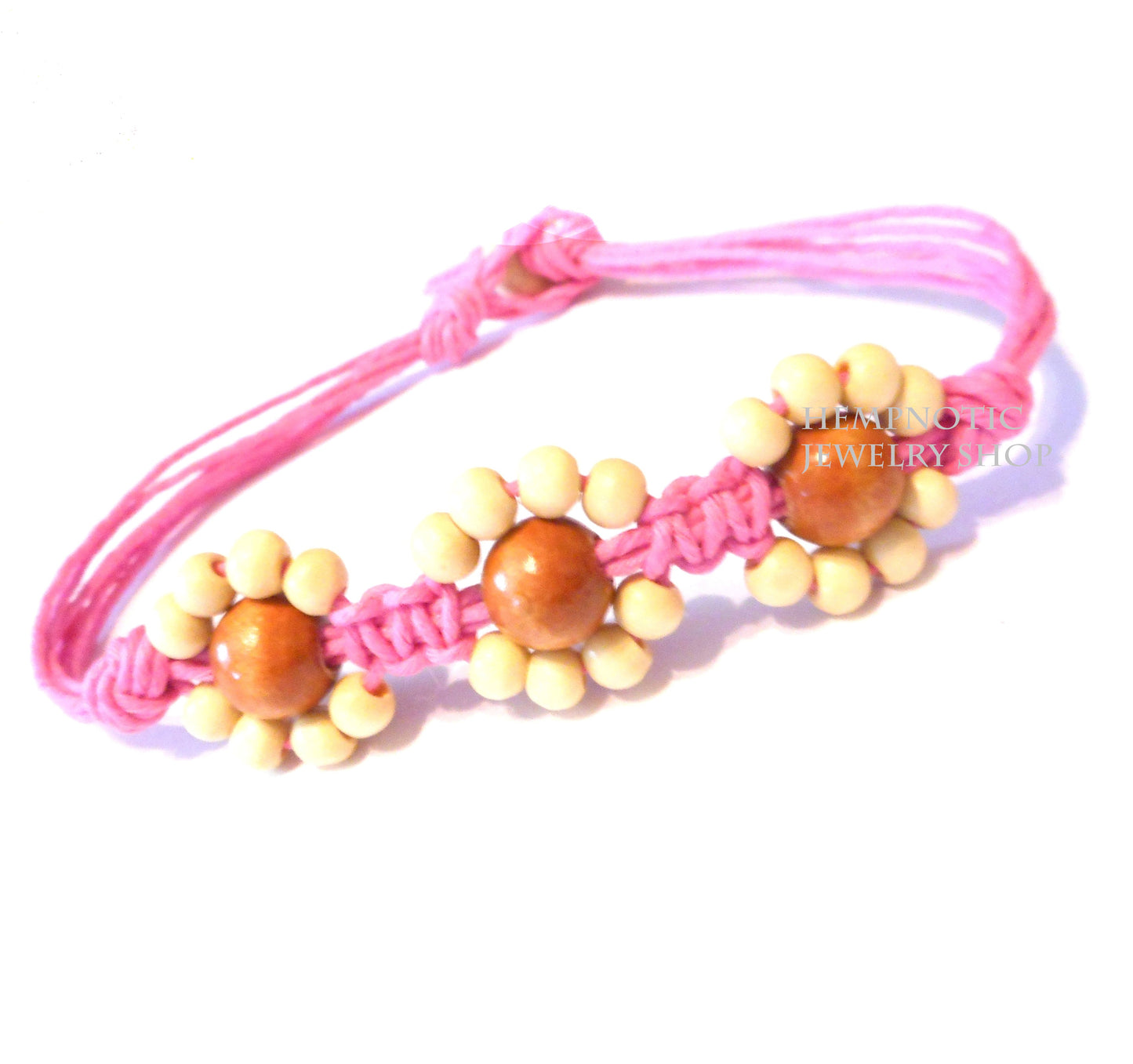 Pink Wood Beaded Flower Pattern Hemp Anklet or Bracelet