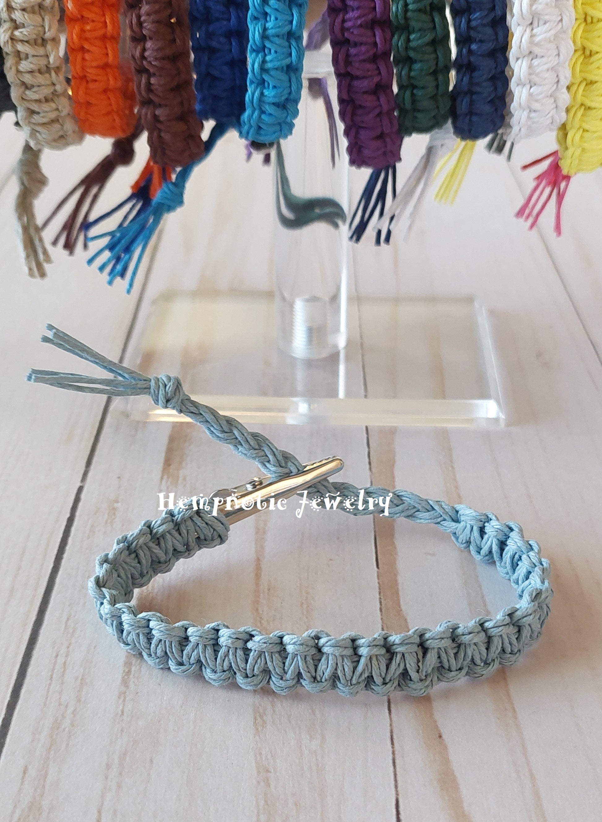 roach clip light blue hemp bracelet with alligator clip clasp
