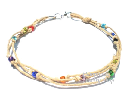 Multicolor Glass Beaded Three String Hemp Anklet