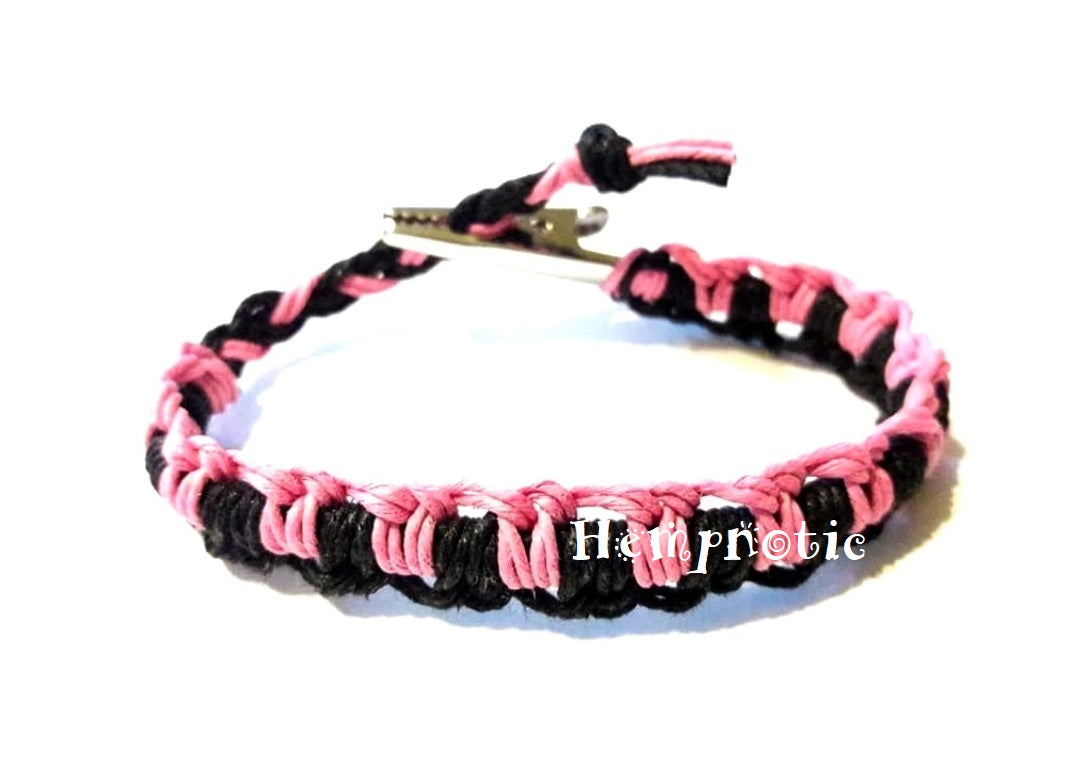 Pink and Black Woven Interlocked Adjustable Alligator Clip Hemp Bracelet