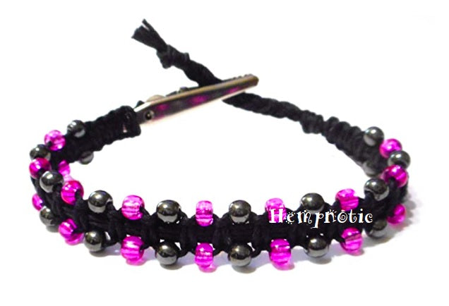 Black and Pink Glass Beaded Adjustable Alligator Clip Black Hemp Bracelet