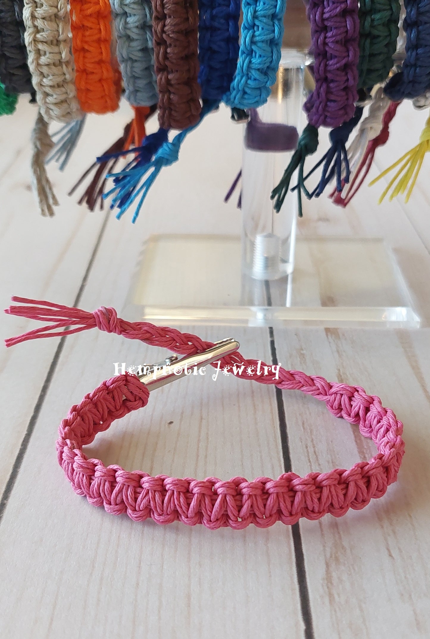roach clip pink hemp bracelet with alligator clip clasp
