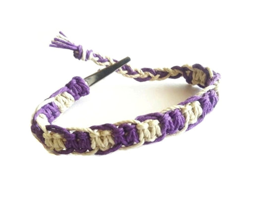 Purple and Natural Hemp Bracelet Adjustable Alligator Clip