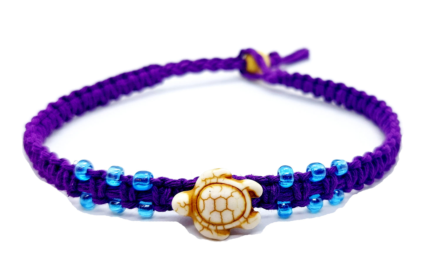 Purple Hemp Blue Beaded Turtle Anklet - Beach Hemp Anklet