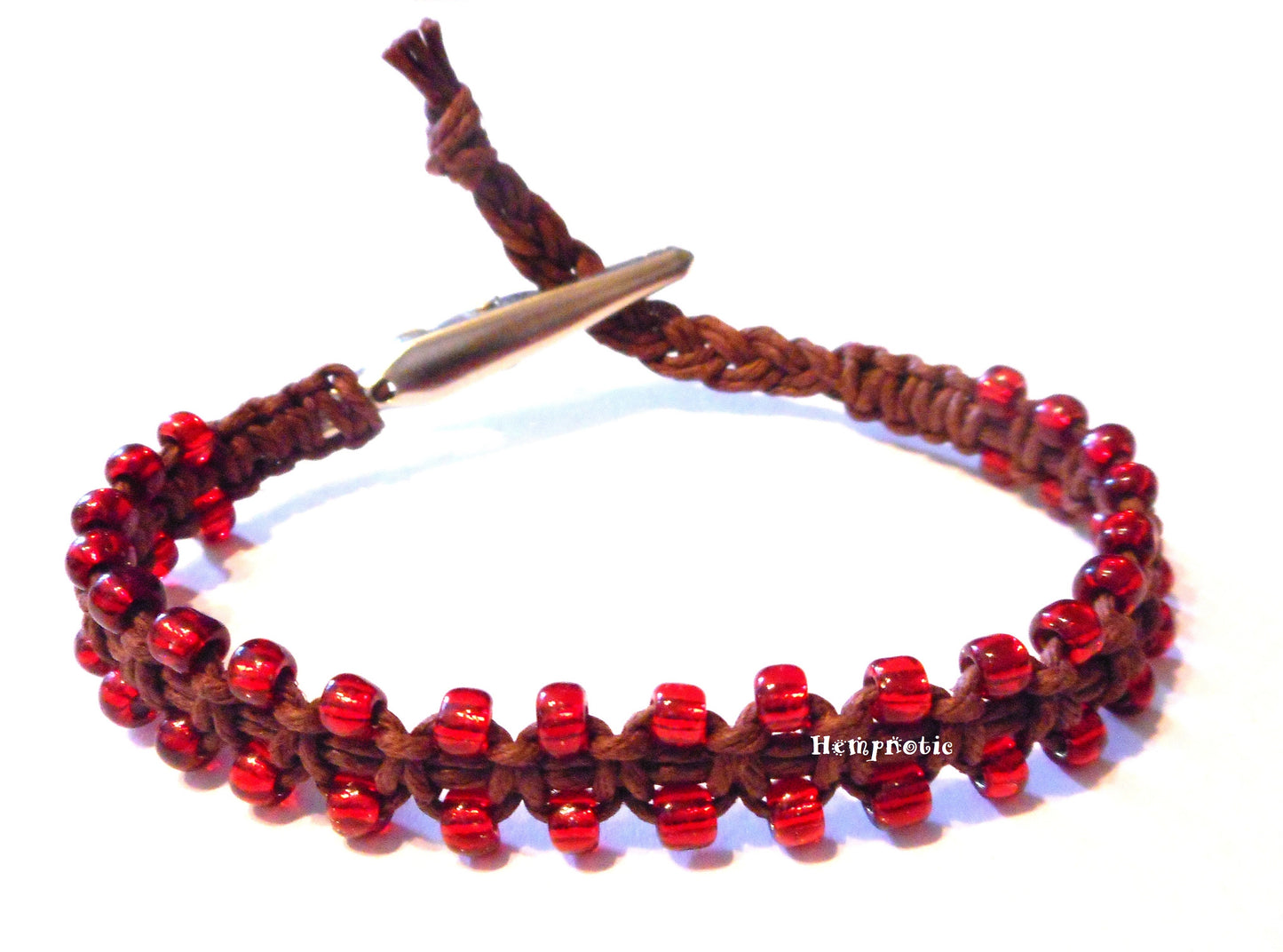 Red Glass Beaded Adjustable Alligator Clip Brown Hemp Bracelet